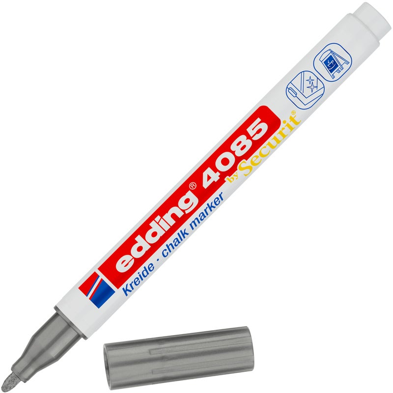 edding 4085 chalk marker - silver - 1 chalk pen - round nib 1-2 mm - fine-nib wet wipe pen for chalkboards, windows, glass, mirrors - liquid chalk marker pens for opaque coverage - Image 1